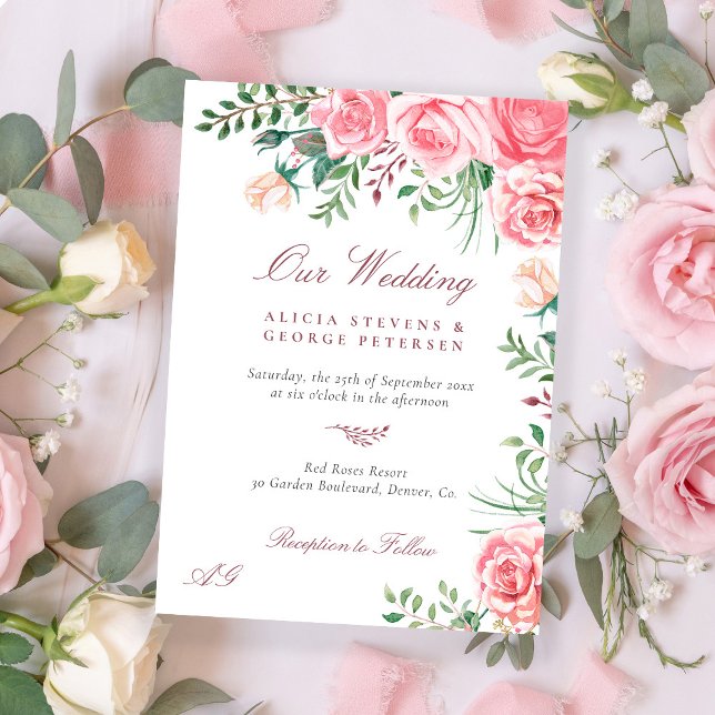 Pink blush roses watercolor floral elegant wedding invitation (Creator Uploaded)