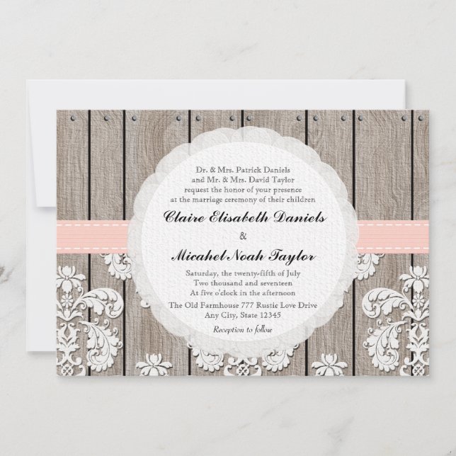 Pink Blush Rustic Wood Lace Wedding Invitations (Front)
