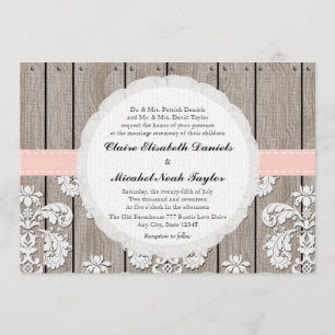 Pink Blush Rustic Wood Lace Wedding Invitations