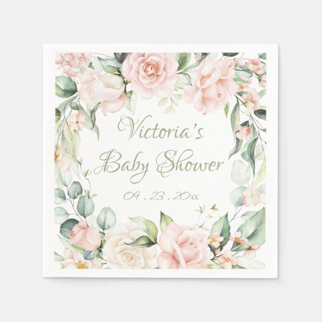 Pink Blush Sage Floral Personalised Baby Shower  Napkin (Front)