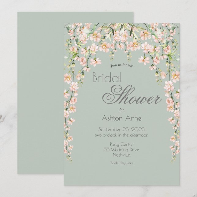 Pink Blush Sage Green Floral Wildflowers Bridal Invitation (Front/Back)
