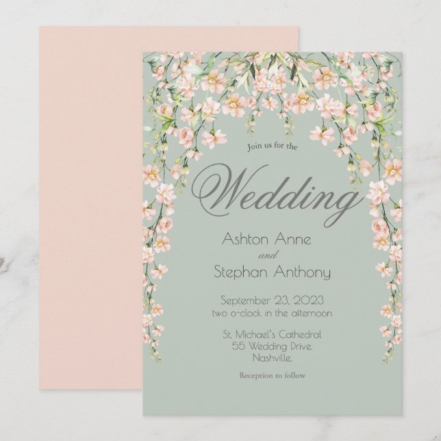 Pink Blush Sage Green Floral Wildflowers Wedding Invitation (Front/Back)