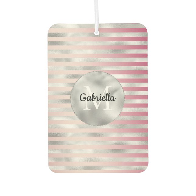 Pink Blush Silver Stripes Monogram Car Air Freshener (Front)