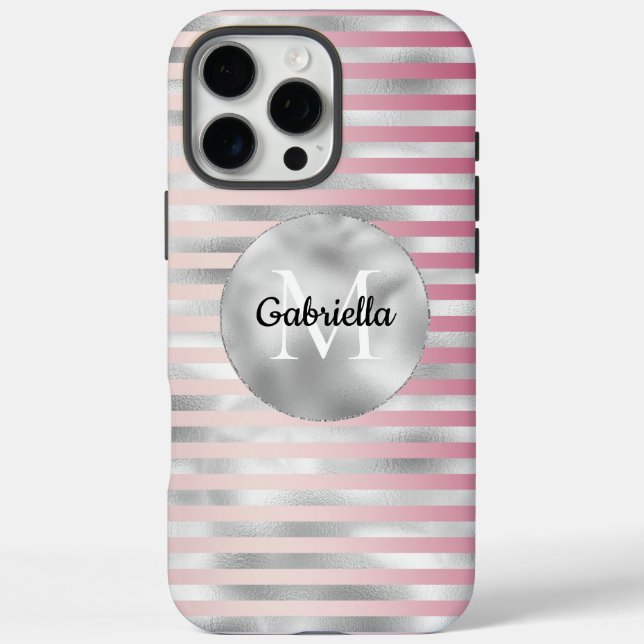 Pink Blush Silver Stripes Monogram Case-Mate iPhone Case (Back)