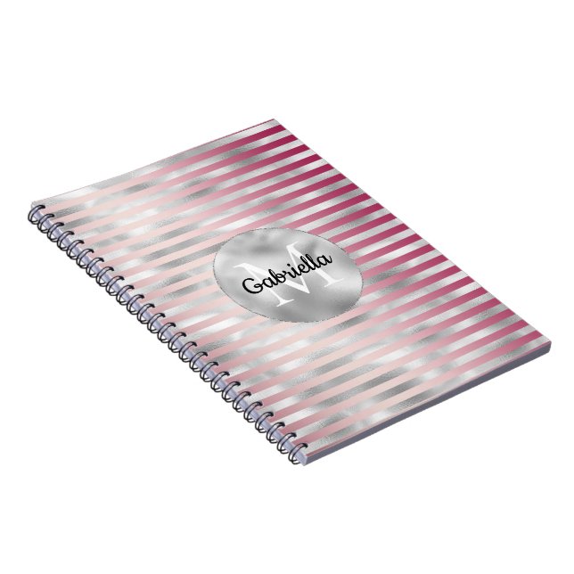 Pink Blush Silver Stripes Monogram Notebook (Right Side)