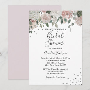 Pink Blush Silver Watercolor Floral Bridal Shower Invitation