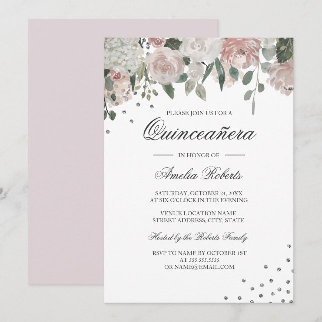 Pink Blush Silver Watercolor Floral Quinceanera Invitation (Front/Back)