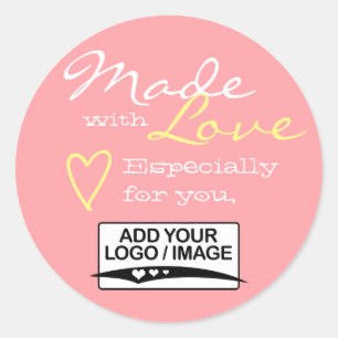 Pink Blush Simple Made with Love Logo Template Classic Round Sticker
