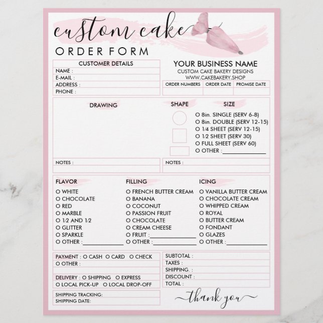 Pink Blush Soft Bakery Cake Order Form Flyer (Front)