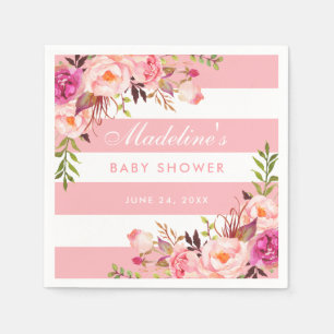 Pink Blush Striped Floral Baby Shower Napkin