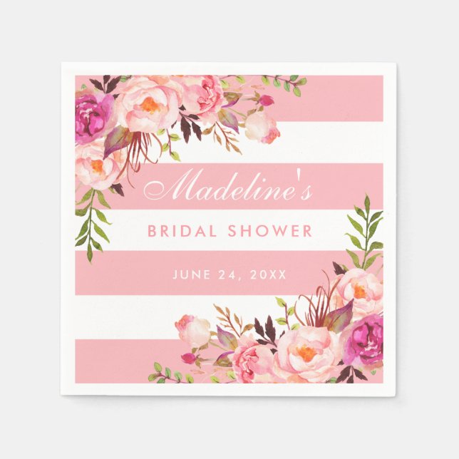 Pink Blush Striped Floral Bridal Shower Napkin (Front)