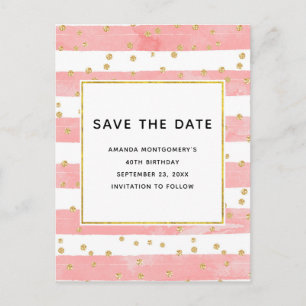 Pink Blush Stripes and Gold Confetti Save the Date Invitation Postcard