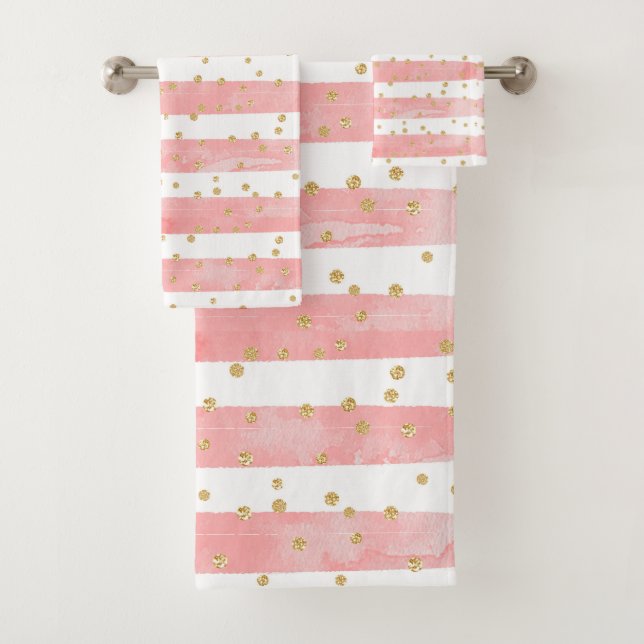 Pink Blush Stripes | Faux Gold Confetti Bath Towel Set (Insitu)