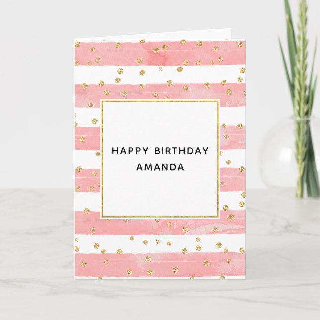 Pink Blush Stripes & Faux Gold Confetti Birthday Card (Front)