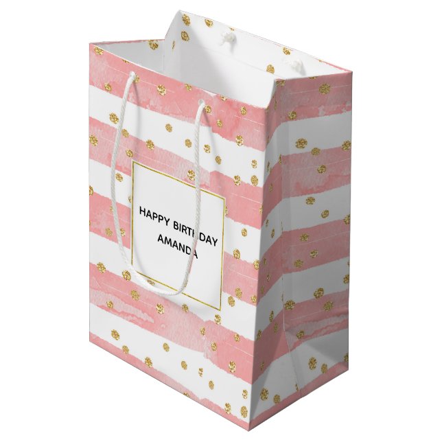 Pink Blush Stripes | Faux Gold Confetti Birthday Medium Gift Bag (Front Angled)