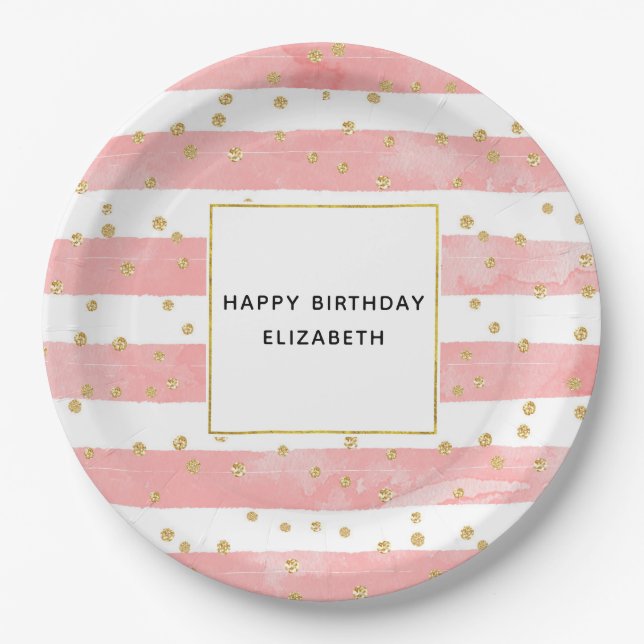 Pink Blush Stripes & Faux Gold Confetti Birthday Paper Plate (Front)
