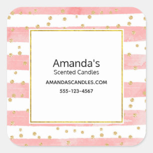Pink Blush Stripes Faux Gold Confetti Business Square Sticker