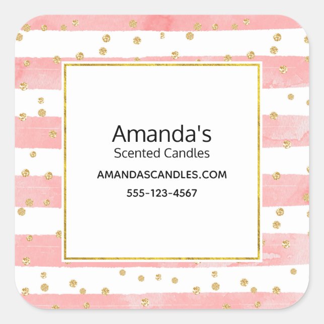 Pink Blush Stripes | Faux Gold Confetti Business Square Sticker (Front)