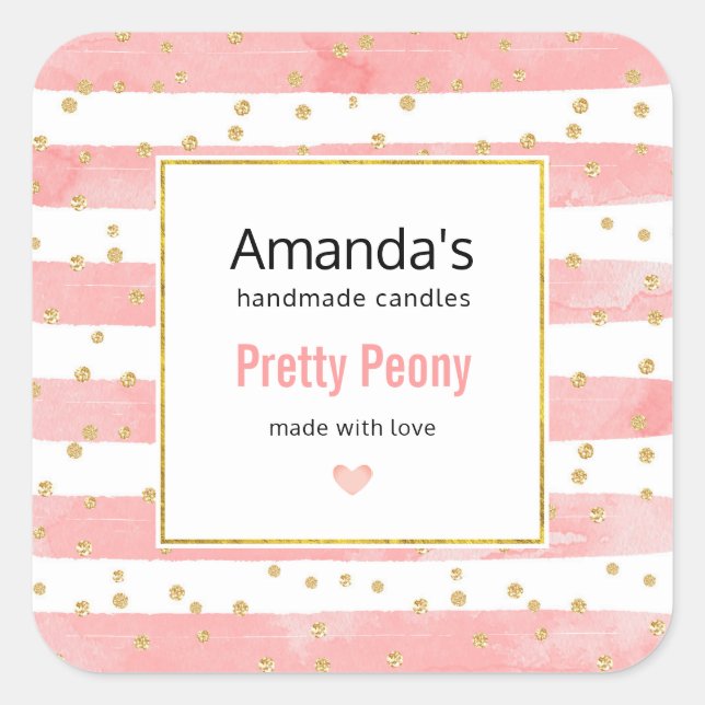 Pink Blush Stripes | Faux Gold Confetti Candle Biz Square Sticker (Front)