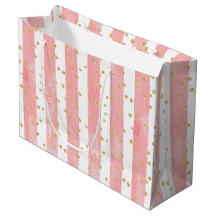 Pink Blush Stripes Faux Gold Confetti Large Gift Bag