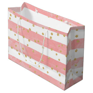 Pink Blush Stripes Faux Gold Confetti Large Gift Bag