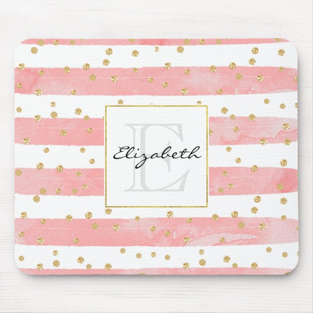 Pink Blush Stripes | Faux Gold Confetti Monogram Mouse Mat (Front)