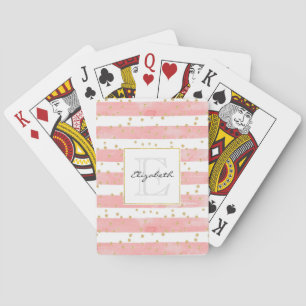 Pink Blush Stripes Faux Gold Confetti Monogram Playing Cards