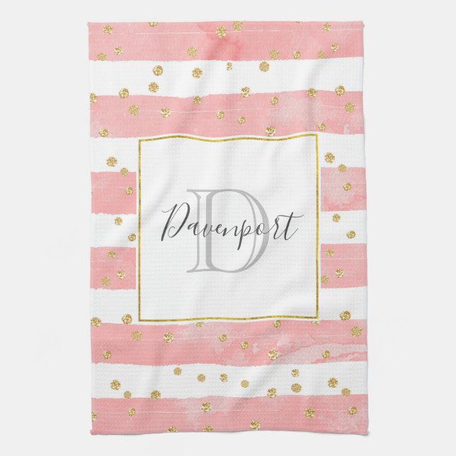  Pink Blush Stripes | Faux Gold Confetti Monogram Tea Towel (Vertical)