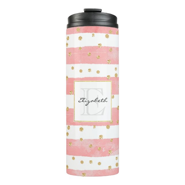 Pink Blush Stripes | Faux Gold Confetti Monogram Thermal Tumbler (Front)