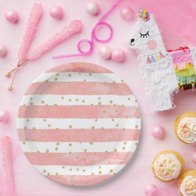 Pink Blush Stripes & Faux Gold Confetti Paper Plate (Party)