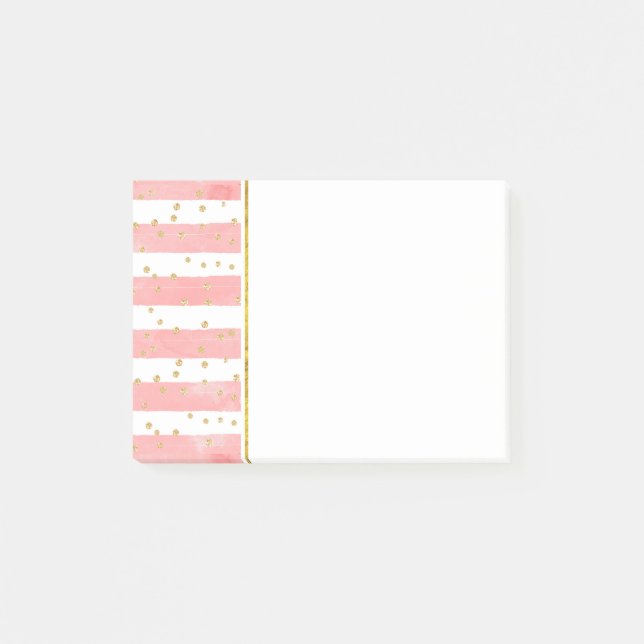  Pink Blush Stripes | Faux Gold Confetti Post-it Notes (Front)