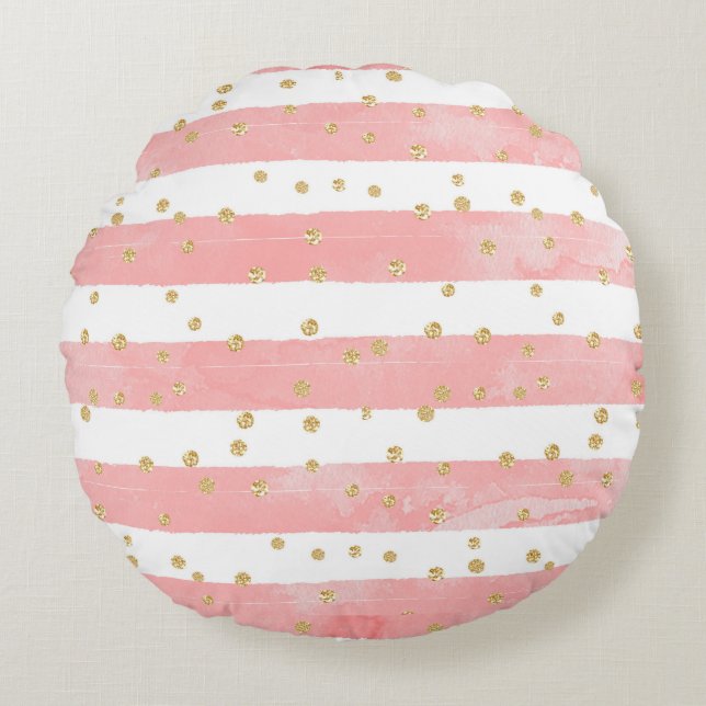  Pink Blush Stripes | Faux Gold Confetti Round Cushion (Front)