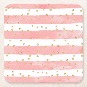 Pink Blush Stripes Faux Gold Confetti Square Paper Coaster