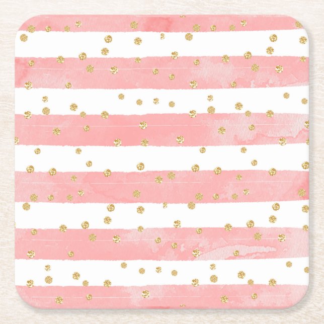 Pink Blush Stripes | Faux Gold Confetti Square Paper Coaster (Front)
