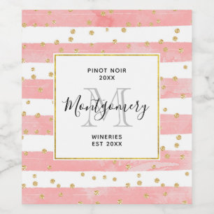 Pink Blush Stripes Faux Gold Confetti Wine Maker Wine Label