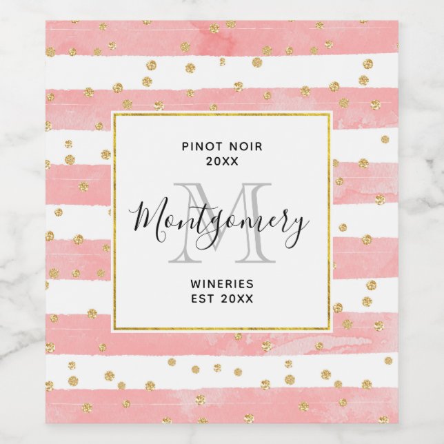 Pink Blush Stripes | Faux Gold Confetti Wine Maker Wine Label (Single Label)
