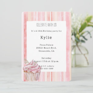 Pink Blush Stripes Floral Cupcake Birthday Invitation