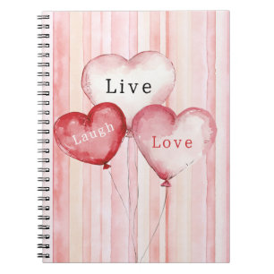 Pink Blush Stripes Heart Balloons Live Laugh Love Notebook
