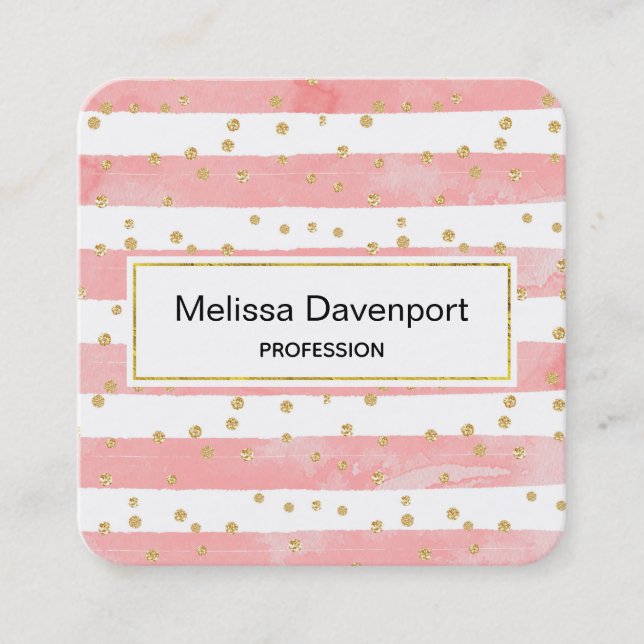 Pink Blush Stripes with Faux Gold Confetti Square Business Card (Front)