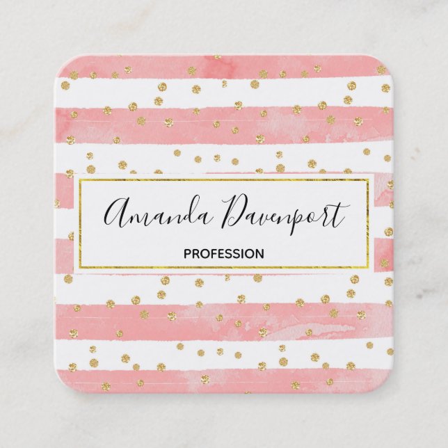 Pink Blush Stripes with Faux Gold Confetti Square Business Card (Front)