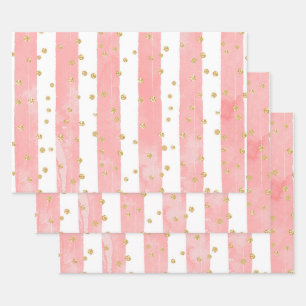 Pink Blush Stripes with Faux Gold Confetti Wrapping Paper Sheet