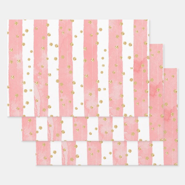 Pink Blush Stripes with Faux Gold Confetti Wrapping Paper Sheet (Set)