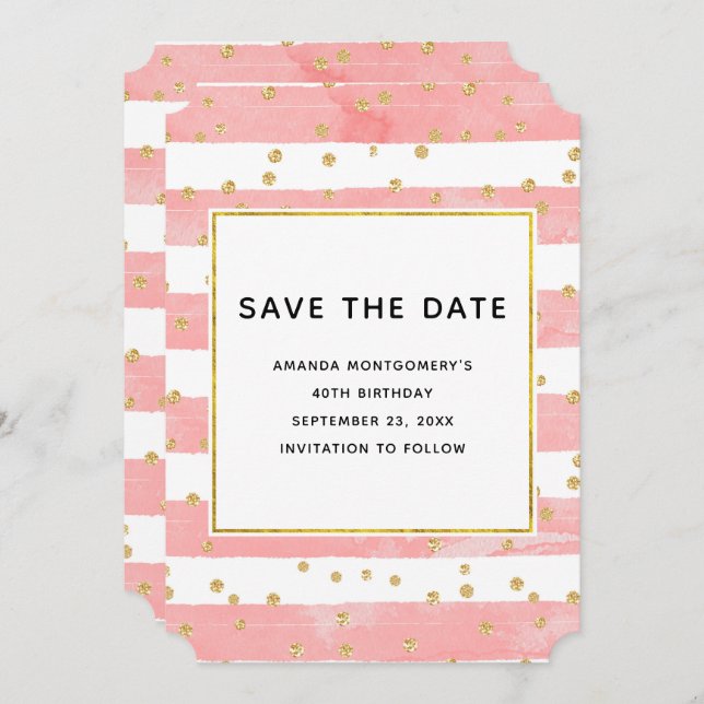 Pink Blush Stripes with Gold Confetti Birthday Save The Date (Front/Back)