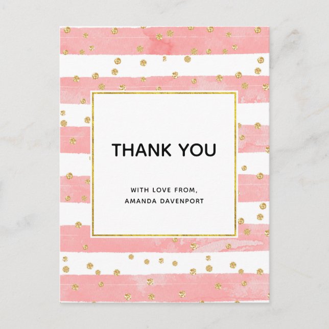 Pink Blush Stripes with Gold Confetti Thank You Postcard (Front)
