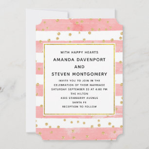 Pink Blush Stripes with Gold Confetti Wedding Invitation
