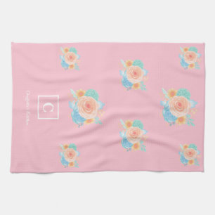 Pink Blush Teal Floral Monogram Tea Towel