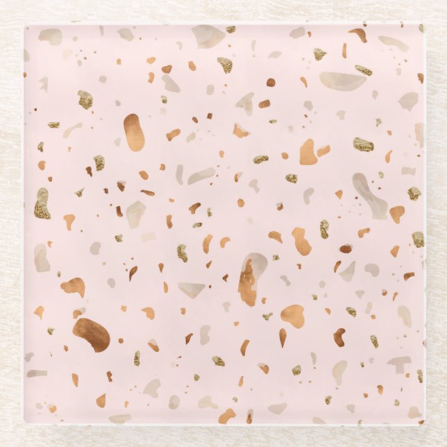Pink Blush Terrazzo With Gold Copper Spots Glass Coaster (Front)