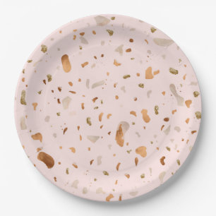 Pink Blush Terrazzo With Gold Copper Spots Paper Plate