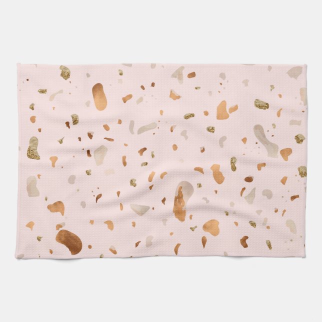 Pink Blush Terrazzo With Gold Copper Spots Tea Towel (Horizontal)