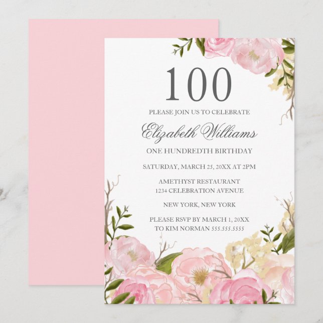 Pink Blush Watercolor Floral 100th Birthday Invite (Front/Back)